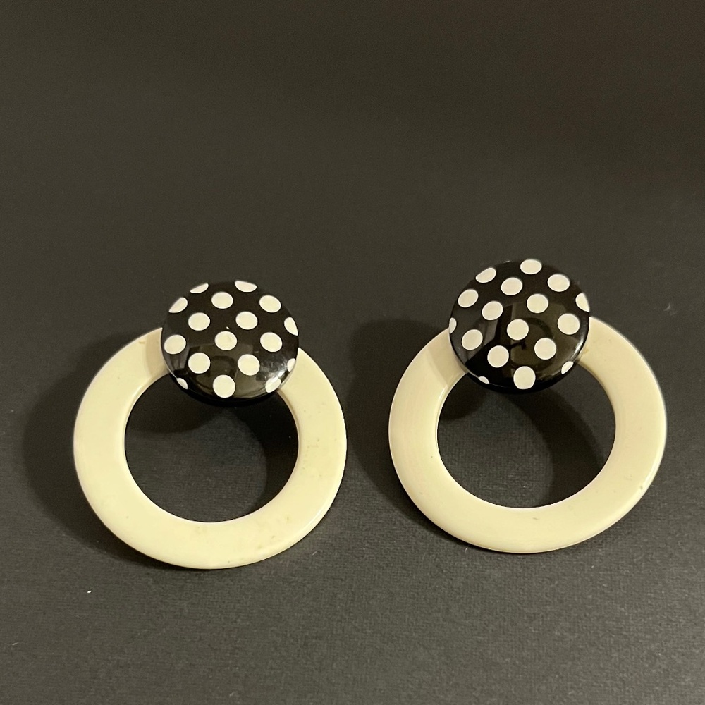 Vintage Black and White Polka Dot Resin Acrylic Drop Post Earrings